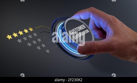 Customer satisfaction and five star review concept. Person using laptop ...