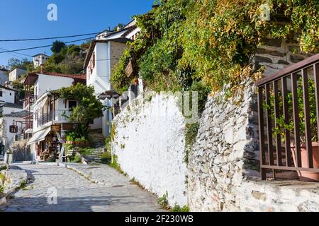 Street view at Makrinitsa village of Pelion, Greece Stock Photo
