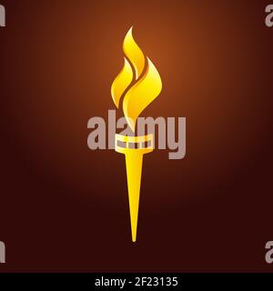 Flaming torch logo concept. Sport fire gold colored creative sign. Competitions, union, club or confederacy icon with flames. Isolated abstract graphi Stock Vector