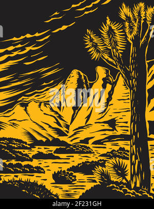 Woodcut style poster art of the Joshua tree in the remote and rugged desert landscape of Gold Butte National Monument located in Clark County in south Stock Vector