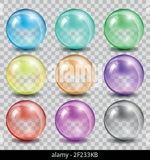 Abstract glass color spheres on transparent background. Ball shiny transparent, bubble reflection and glossy, vector illustration Stock Vector