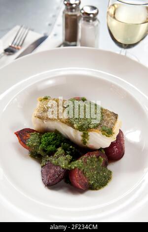 *For use in the Evening Standard only - charges may apply*  Ape & Bird, Central London Pic Shows: Roast Cod, Charred Beets, Kale and Walnut Pesto Stock Photo