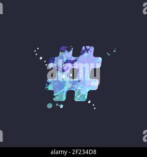 Hashtag sign with effect of liquid spots of paint in blue, white, purple colors on dark navy background. Decoration element for winter design of a flyer, poster, calendar, cover, title. Vector EPS10 Stock Vector