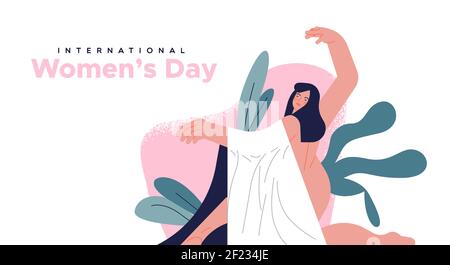 International Women's Day greeting card illustration of beautiful woman character with nature decoration in trendy flat cartoon style. Women equality Stock Vector