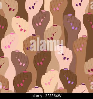 Diverse women hands raised up, flat cartoon seamless pattern for women's day or feminist equality concept. Multiethnic crowd of girl background. Woman Stock Vector
