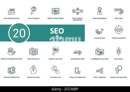 Seo icon set. Contains editable icons seo theme such as active search, social media marketing, web links and more. Stock Vector