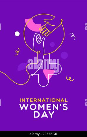 International Women's Day greeting card illustration of woman hands reaching out for help. Female teamwork concept, modern flat cartoon outline arms w Stock Vector