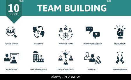 Team Building icon set. Contains editable icons team building theme such as synergy, positive feedback, mentoring and more. Stock Vector