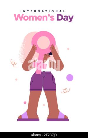 International Women's Day greeting card illustration of young black woman character holding female symbol in trendy flat cartoon style. Women equality Stock Vector