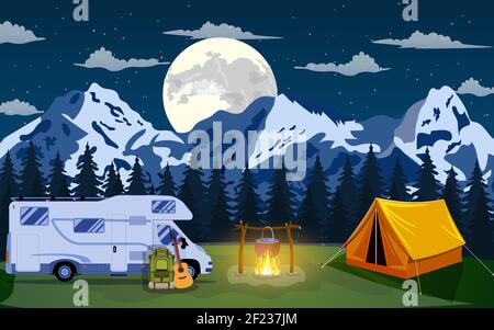 Night mountain camper van illustration drawing design Stock Vector ...