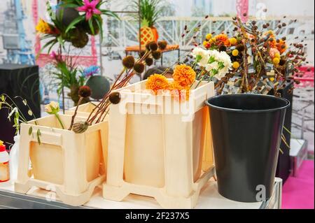 On the shelves of the store, tall plastic vases, containers of various shapes and colors shine. Flowers of different varieties in the supermarket on t Stock Photo