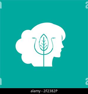Girl's head with Greek letter Psi. Relationship and psychology logo isolated on blue. Psychotherapy concept. Woman Psychology or skills symbol. flat i Stock Vector