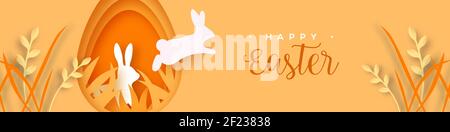 Happy Easter web banner of cute papercut rabbits jumping from egg with festive text quote. Realistic 3d layered cutout illustration for traditional ch Stock Vector