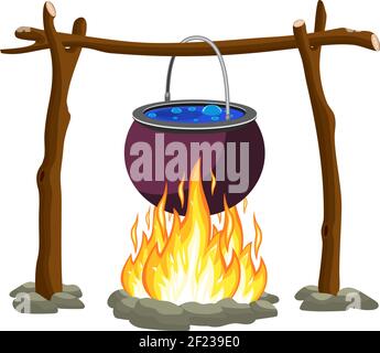 Black camping pot over a bonfire Stock Vector
