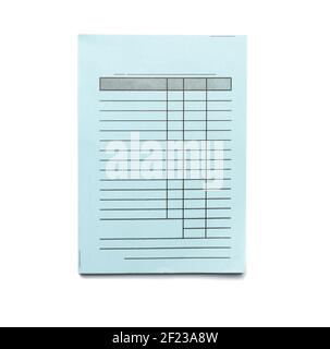 Stack of paper blank blue blank checks isolated on white background Stock Photo