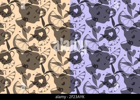 Tea ceremony concept vector seamless pattern, hand drawn tea pot, lemon slices, leaves, heart, grey transparent shapes, shadow game. Yellow, blue Stock Vector