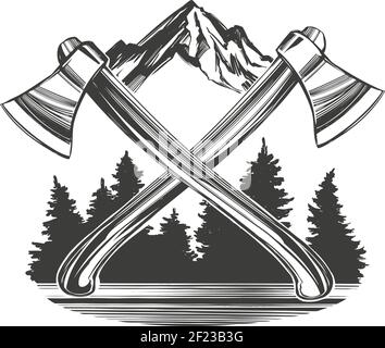 axes on the background of mountains and forests, an emblem for tourism hand drawn vector illustration sketch. Stock Vector