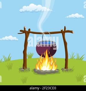 Black camping pot over a bonfire Stock Vector