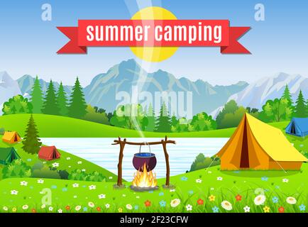 Black camping pot over a bonfire Stock Vector