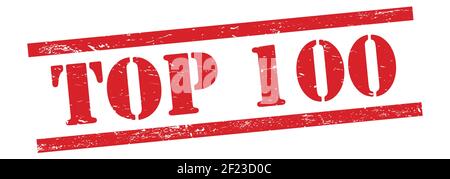 TOP 100 text on red grungy vintage rubber stamp. Stock Photo