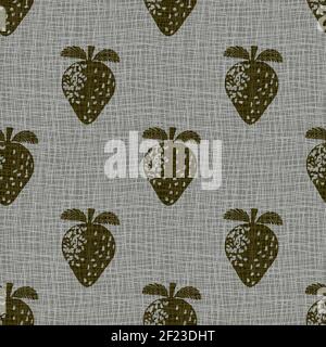 Linocut print strawberries linen vector seamless pattern background.Sepia fruit motifs blended onto Hessian fiber texture.Monochrome backdrop.Woven Stock Vector