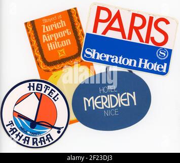 Vintage 1970s international traveler's hotel souvenirs Stock Photo