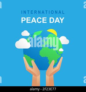 International Peace Day Vector Illustration. Planet Earth with clouds and sun in hands with text International Peace Day. Vector illustration. EPS 10 Stock Vector
