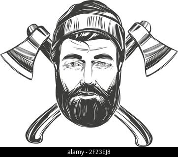face of a burly woodcutter against the background of axes hand drawn vector illustration sketch. Stock Vector