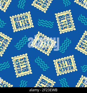 Beach bliss typography vector seamless pattern background.Blue pastel yellow backdropwith decorated text on stamp shapes and doodle waves. Repeat for Stock Vector