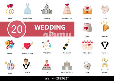 Wedding icon set. Contains editable icons wedding theme such as bride dress, wedding cake, dove and more. Stock Vector