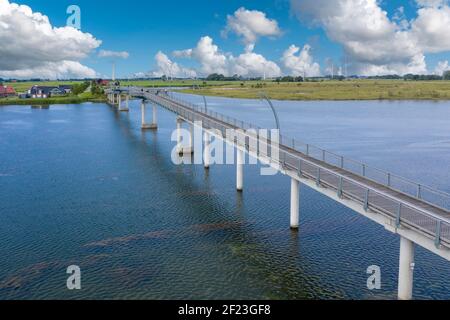 Aerial view with the pedestrian bridge over the lake Wangermeer, Hohenkirchen, Lower Saxony, Germany, Europe Stock Photo
