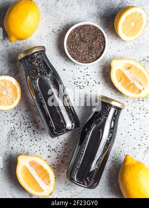 Detox activated charcoal black chia lemon water Stock Photo