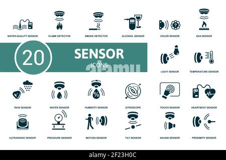 Sensor icon set. Contains editable icons sensor theme such as flame detector, alcohol sensor, gas sensor and more. Stock Vector