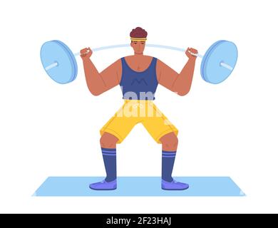 Black man lifting dumbell. Sport home, bodybuilder, gym equipment, weight trainingm muscle strong workout concept. Stock vector illustration in flat Stock Vector