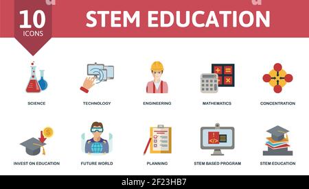 Stem Education icon set. Contains editable icons stem education theme such as technology, mathematics, invest on education and more. Stock Vector