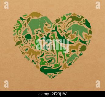 Green animal icon shapes set illustration on recycled paper texture. Diverse wild animals silhouette making heart shape for eco friendly concept or na Stock Vector
