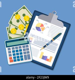 clipboard with financial reports and pen. Stock Vector