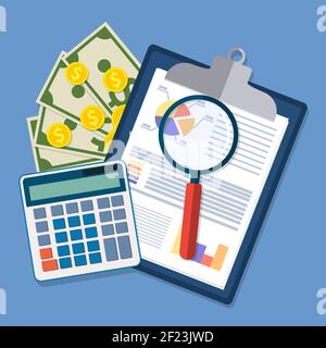 clipboard with financial reports and pen. Stock Vector