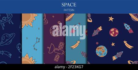 A set of seamless patterns. Hand draw space illustration with a rocket, astronaut, planets and aliens. Cute, children s vector drawing about Stock Vector