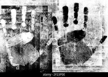 Black and white palm prints. Monochrome grunge Illustration. No racism concept. Street art blueprint Stock Photo