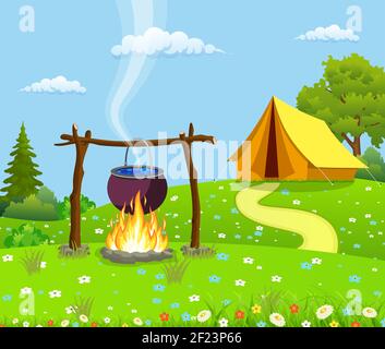 Black camping pot over a bonfire Stock Vector