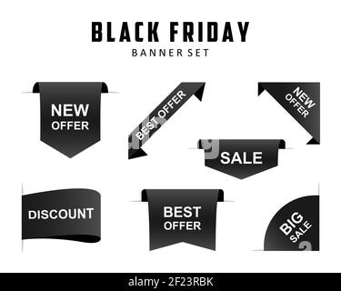 Black friday set of black ribbons banners on white background. Sale special offer discount ribbons banners. Vector illustration EPS 10 Stock Vector