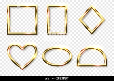 Abstract shiny golden geometric shapes frames set with white empty space for text, on transparent background, vector illustration. Stock Vector