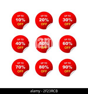 Sale tags round set of 10, 20, 30, 40, 50, 60, 70, 80, 90 percent discount on a white background. Vector illustration EPS 10 Stock Vector