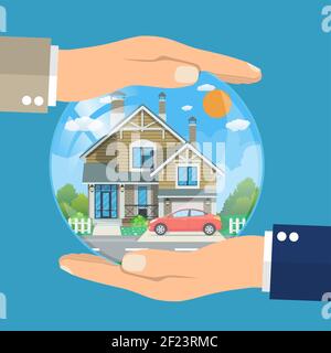 hands of agent, protect house and car. Stock Vector