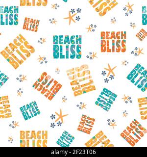 Beach bliss typography vector seamless pattern background.Tropical color memphis design text, oean shells, star fish on white backdrop. Fun repeat for Stock Vector