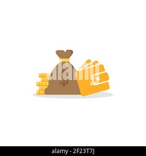 Bag of money next to coins and wallet on a white background. Financial savings. Vector EPS 10 Stock Vector