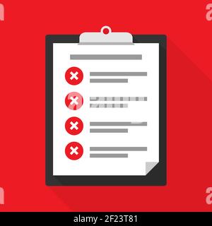 Clipboard with a checklist, tasks not completed. Rejected or unconfirmed. Vector illustration EPS 10 Stock Vector