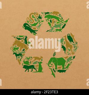 Green animal shape icon set illustration on recycled paper texture. Diverse wild animals silhouette recycle symbol for eco friendly concept or waste c Stock Vector