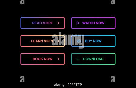 Set of modern glowing multi-colored gradient buttons on dark background. Read, learn, book, wath, buy now, download buttons. Vector EPS 10 Stock Vector